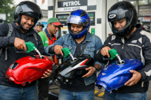 মোটরসাইকেলের ট্যাংক হাতে নিয়ে ফিলিং স্টেশনে বাইকচালকেরা